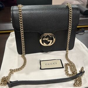 NEW GUCCI Interlocking shoulder bag GG Black Pebble Leather